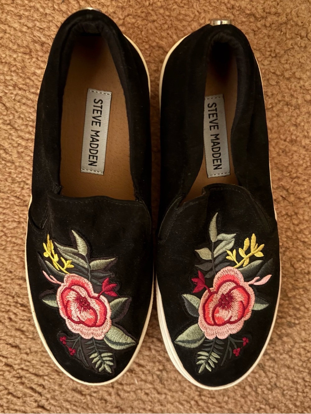 Steve Madden Black Slip-On Sneakers with Pink Floral Embroidery